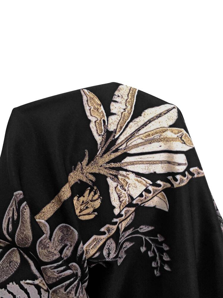 SHEIN LUNE Regular Plus Size Deep V-Neck Tropical Plant Print Summer Sling Beach Dress Boho Vacation Style - Multicolor - View 6