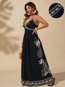 SHEIN LUNE Regular Plus Size Deep V-Neck Tropical Plant Print Summer Sling Beach Dress Boho Vacation Style - Multicolor - View 11