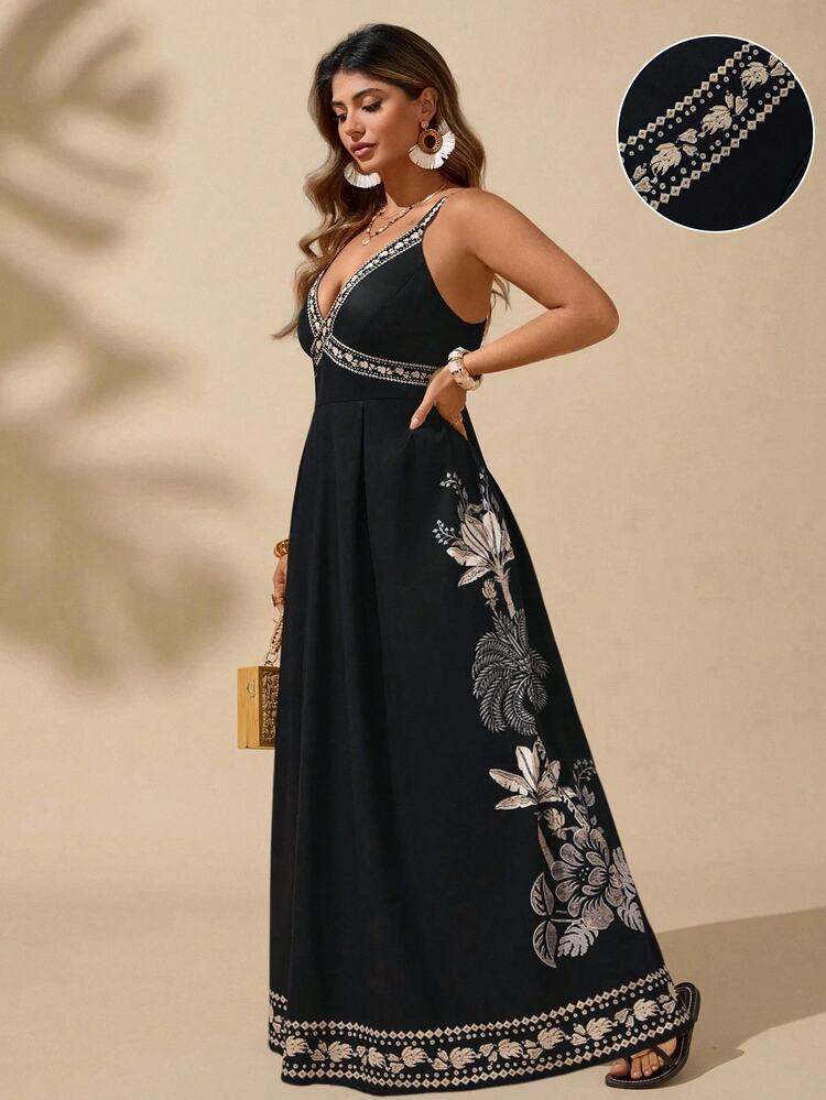 SHEIN LUNE Regular Plus Size Deep V-Neck Tropical Plant Print Summer Sling Beach Dress Boho Vacation Style - Multicolor - View 11