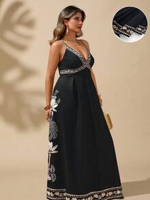 SHEIN LUNE Regular Plus Size Deep V-Neck Tropical Plant Print Summer Sling Beach Dress Boho Vacation Style - Multicolor - View 12