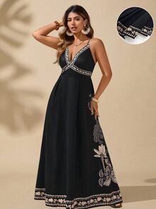 SHEIN LUNE Regular Plus Size Deep V-Neck Tropical Plant Print Summer Sling Beach Dress Boho Vacation Style - Multicolor - View 10