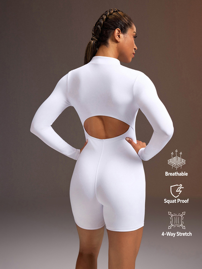 Powerista Women's Short Sleeve Backless Long Zipper Sports Romper Everyday Wear Running Yoga StudioTennis Gym Indoor Outdoor Active White Long Sleeves