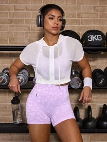 Powerista 女款白色網紗透視寬鬆短袖拉鍊運動外套，適合跑步、瑜伽、健身房、室內外運動與日常穿著，Seki 風格 Y3k - 白色 - 查看 4