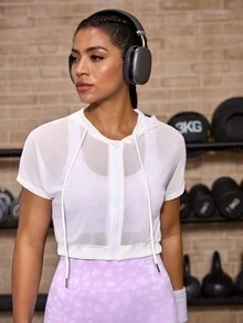 Powerista 女款白色網紗透視寬鬆短袖拉鍊運動外套，適合跑步、瑜伽、健身房、室內外運動與日常穿著，Seki 風格 Y3k - 白色 - 查看 7