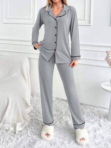 SHEIN Plus Size Classic Button Front Pajama Set – Soft Long Sleeve Top & Comfy Straight Leg Pants Loungewear - Light Grey - View 6