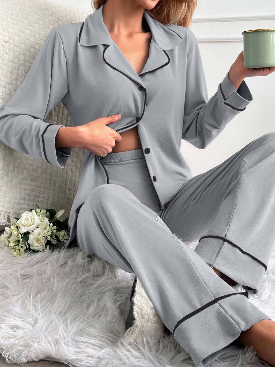 SHEIN Plus Size Classic Button Front Pajama Set – Soft Long Sleeve Top & Comfy Straight Leg Pants Loungewear - Light Grey - View 1