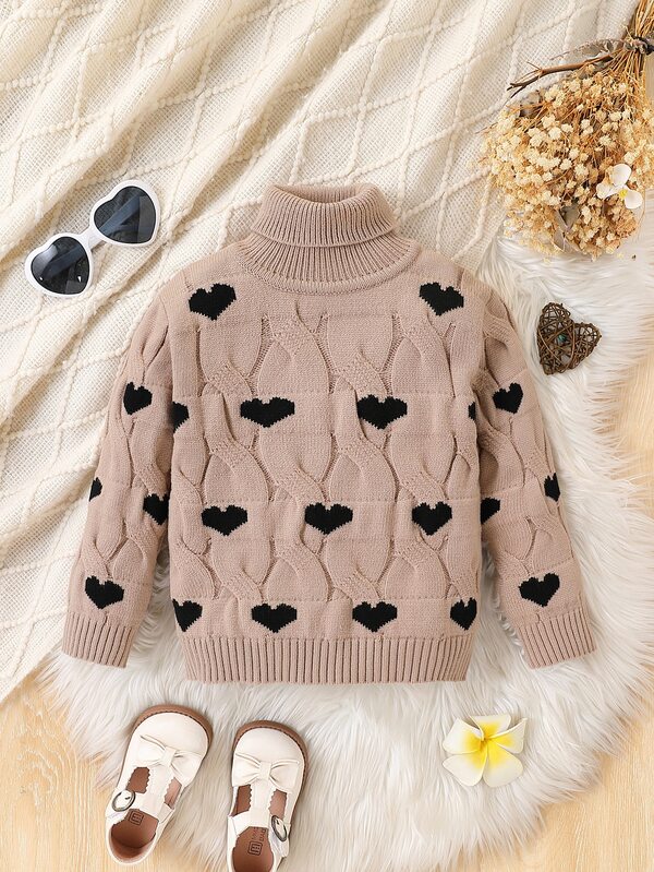 Genkimix Kids Young Girl Crew Neck Heart Pattern Knitted Sweater, Casual Khaki Chunky Knit Pullover For Winter