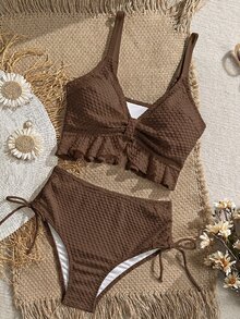 Swim Vcay 女款純色紋理布料甜美荷葉邊抽繩高腰短版比基尼上衣，適合海灘度假 - 棕色 - 查看 4