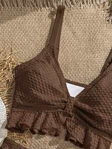 Swim Vcay 女款純色紋理布料甜美荷葉邊抽繩高腰短版比基尼上衣，適合海灘度假 - 棕色 - 查看 6