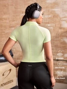 Powerista 女款淺綠色落肩袖純色針織修身運動衫，適合跑步、瑜伽、工作室、網球、健身房、室內外運動 - 薄荷綠 - 查看 2