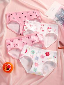 SHEIN 4件組女童內褲 心形花卉櫻桃元素 柔軟光滑珍珠面料 日常基礎運動穿著 嬰兒粉白色 冬季 1歲生日嬰兒 - 彩色 - 查看 4