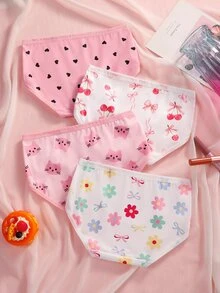 SHEIN 4件組女童內褲 心形花卉櫻桃元素 柔軟光滑珍珠面料 日常基礎運動穿著 嬰兒粉白色 冬季 1歲生日嬰兒 - 彩色 - 查看 2