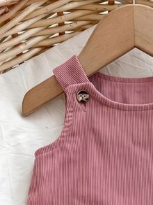 SHEIN 新生女嬰可愛百搭休閒卡通熊圖案秋冬連身裙 - 粉色 - 查看 3