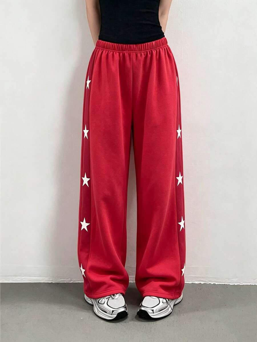 SHEIN Sparklyn 青少年女孩休閒時尚卡通印花丹寧效果鬆緊腰寬腿褲,寬鬆舒適實用,適合秋冬春夏,適用於日常穿著、通勤、戶外玩耍、籃球足球運動、學校、街頭穿搭、派對與拍照 - 紅色 - 查看 1