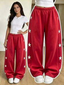 SHEIN Sparklyn 青少年女孩休閒時尚卡通印花丹寧效果鬆緊腰寬腿褲，寬鬆舒適實用，適合秋冬春夏，適用於日常穿著、通勤、戶外玩耍、籃球足球運動、學校、街頭穿搭、派對與拍照 - 紅色 - 查看 4