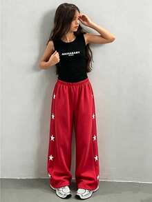 SHEIN Sparklyn 青少年女孩休閒時尚卡通印花丹寧效果鬆緊腰寬腿褲，寬鬆舒適實用，適合秋冬春夏，適用於日常穿著、通勤、戶外玩耍、籃球足球運動、學校、街頭穿搭、派對與拍照 - 紅色 - 查看 2