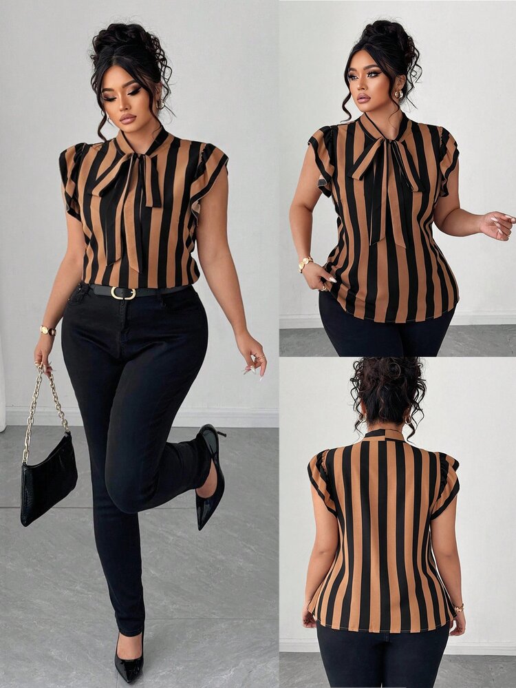 Elenzga Plus Size Casual/Office Black & White Striped Tie Sleeve Design Blouse - Multicolor - View 3