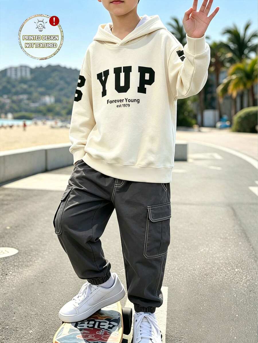 Tween Boys Hoodie Sweatshirt Streetwear White Dark Gray Letter Print Seam Drop Shoulder Hooded Zip-Up School Fall Back-To-School - Multicolor - View 1