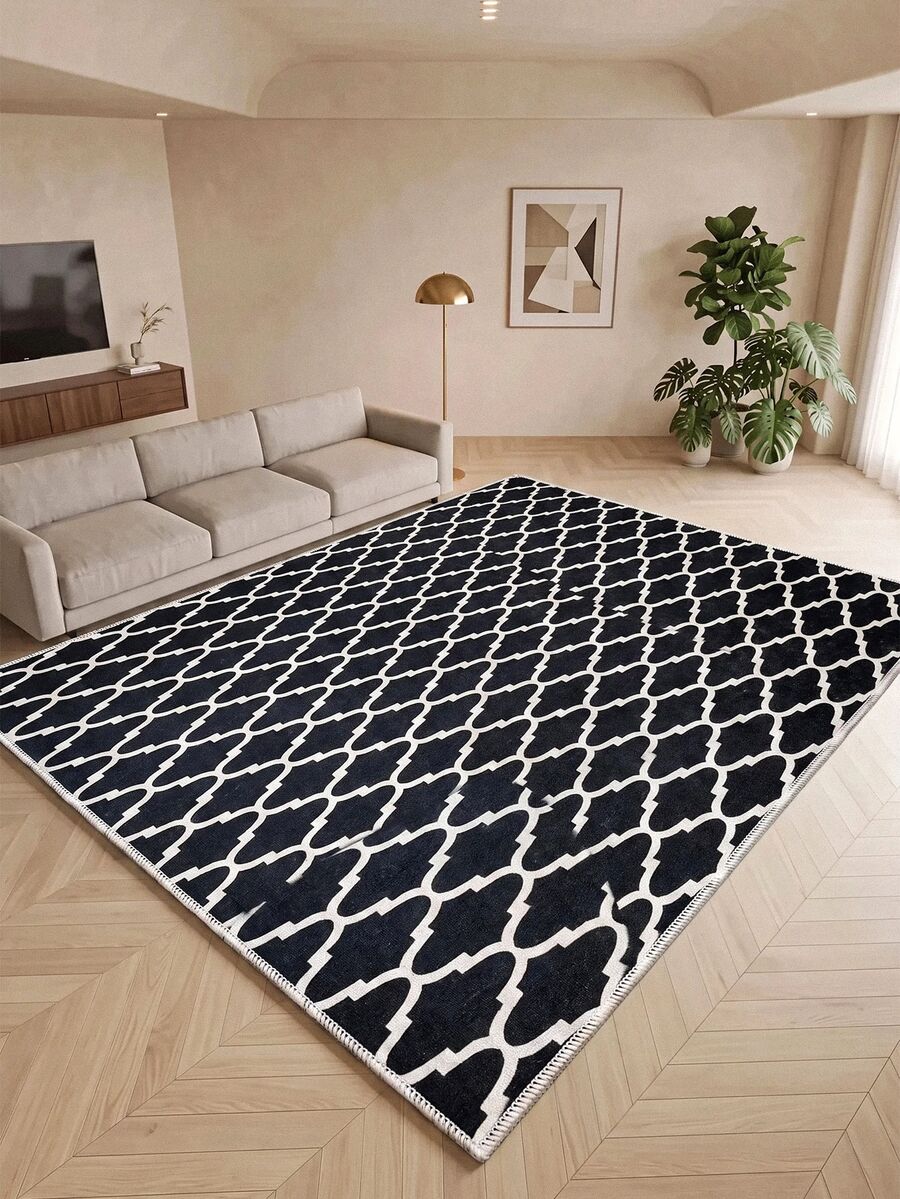 Digitally Printed Non-Slip Washable Runner And Area Rug Living Room Carpet, Modern Design | Modern, Scandinavian, Bohemian And Classic Styles | 100% Polyester - Black - View 1