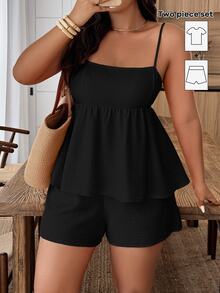 Weeklong Plus Size Solid Color Camisole And Shorts Casual 2 Pieces Set - Black - View 1