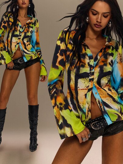 TypaGal Women's All-Over Print Bell Sleeve Single-Breasted Fashion Blouse Club Nightclub Night Out Rave Lime Green Autumn Rave Sexy Streetwear Rave