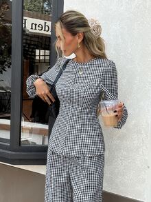 Serisse Women's Elegant Plaid Pleated Long Sleeve Top And Pants 2 Pieces Set - Black - View 7