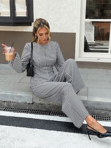 Serisse Women's Elegant Plaid Pleated Long Sleeve Top And Pants 2 Pieces Set - Black - View 6