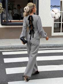 Serisse Women's Elegant Plaid Pleated Long Sleeve Top And Pants 2 Pieces Set - Black - View 3