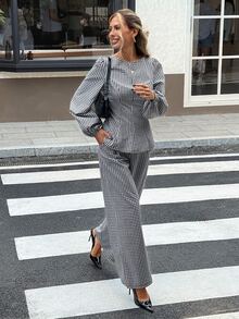 Serisse Women's Elegant Plaid Pleated Long Sleeve Top And Pants 2 Pieces Set - Black - View 4