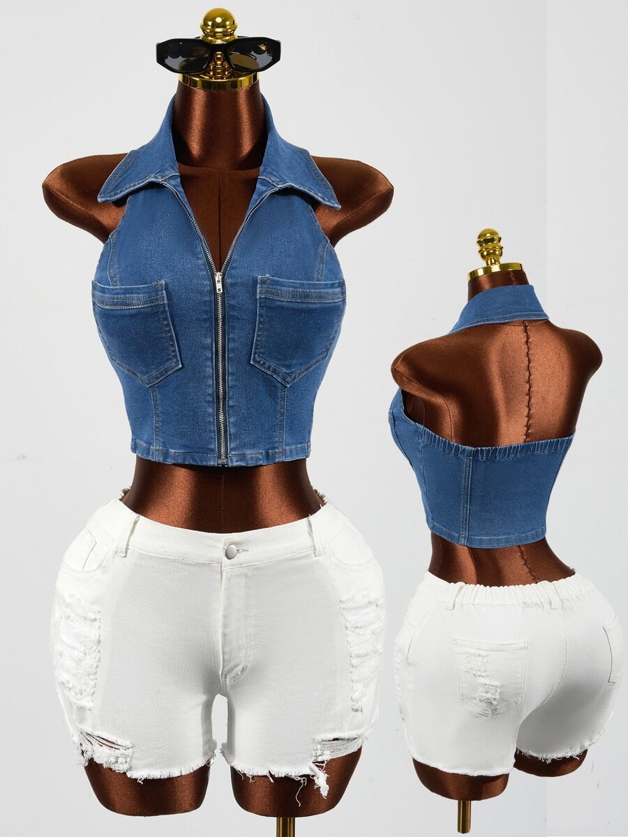 SHEIN Women's Fashion Streetwear Zipper Pocket Halter Neck Denim Jacket - Blue - View 1