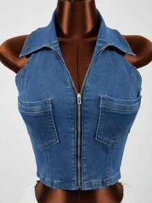SHEIN Women's Fashion Streetwear Zipper Pocket Halter Neck Denim Jacket - Blue - View 4