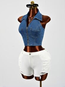 SHEIN Women's Fashion Streetwear Zipper Pocket Halter Neck Denim Jacket - Blue - View 6
