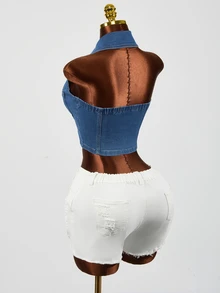 SHEIN Women's Fashion Streetwear Zipper Pocket Halter Neck Denim Jacket - Blue - View 2