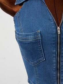 SHEIN Women's Fashion Streetwear Zipper Pocket Halter Neck Denim Jacket - Blue - View 5