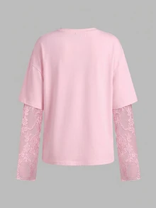 SHEIN 少女 T-shirt 白色針織腰部設計對比蕾絲 2 合 1 長袖 T-shirt - 粉色 - 查看 5