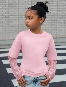 SHEIN 少女 T-shirt 白色針織腰部設計對比蕾絲 2 合 1 長袖 T-shirt - 粉色 - 查看 1