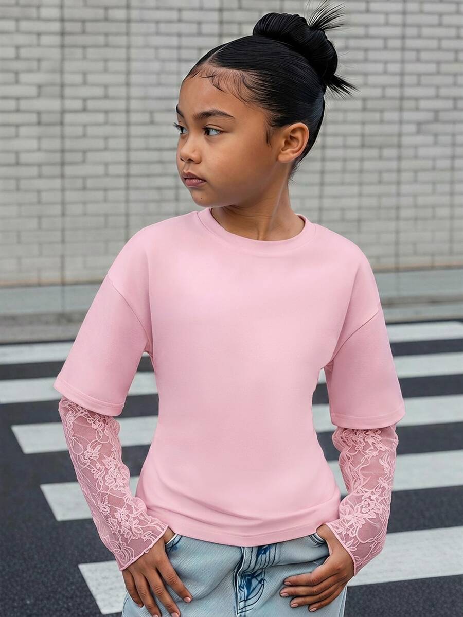 SHEIN 少女 T-shirt 白色針織腰部設計對比蕾絲 2 合 1 長袖 T-shirt - 粉色 - 查看 1