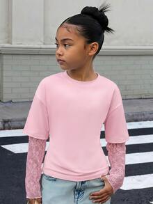 SHEIN 少女 T-shirt 白色針織腰部設計對比蕾絲 2 合 1 長袖 T-shirt - 粉色 - 查看 3
