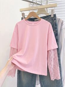 SHEIN 少女 T-shirt 白色針織腰部設計對比蕾絲 2 合 1 長袖 T-shirt - 粉色 - 查看 2