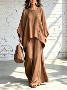Trelyra Setelan Kasual Wanita untuk Liburan, 2 Potong, Atasan Lengan Panjang dan Celana Panjang Lebar, Setelan Musim Gugur, Setelan Celana, Cokelat, Setelan 2 Potong, Musim Gugur, Liburan - Coklat - View 2