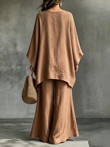 Trelyra Setelan Kasual Wanita untuk Liburan, 2 Potong, Atasan Lengan Panjang dan Celana Panjang Lebar, Setelan Musim Gugur, Setelan Celana, Cokelat, Setelan 2 Potong, Musim Gugur, Liburan - Coklat - View 3