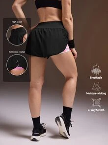 Powerista 女款黑粉迷彩印花二合一運動短褲 - 黑色 - 查看 2
