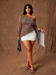 Rustia Plus Size Women Leopard Print Sexy One Shoulder Hollow Out Flare Sleeve Top Fall - Brown - View 7