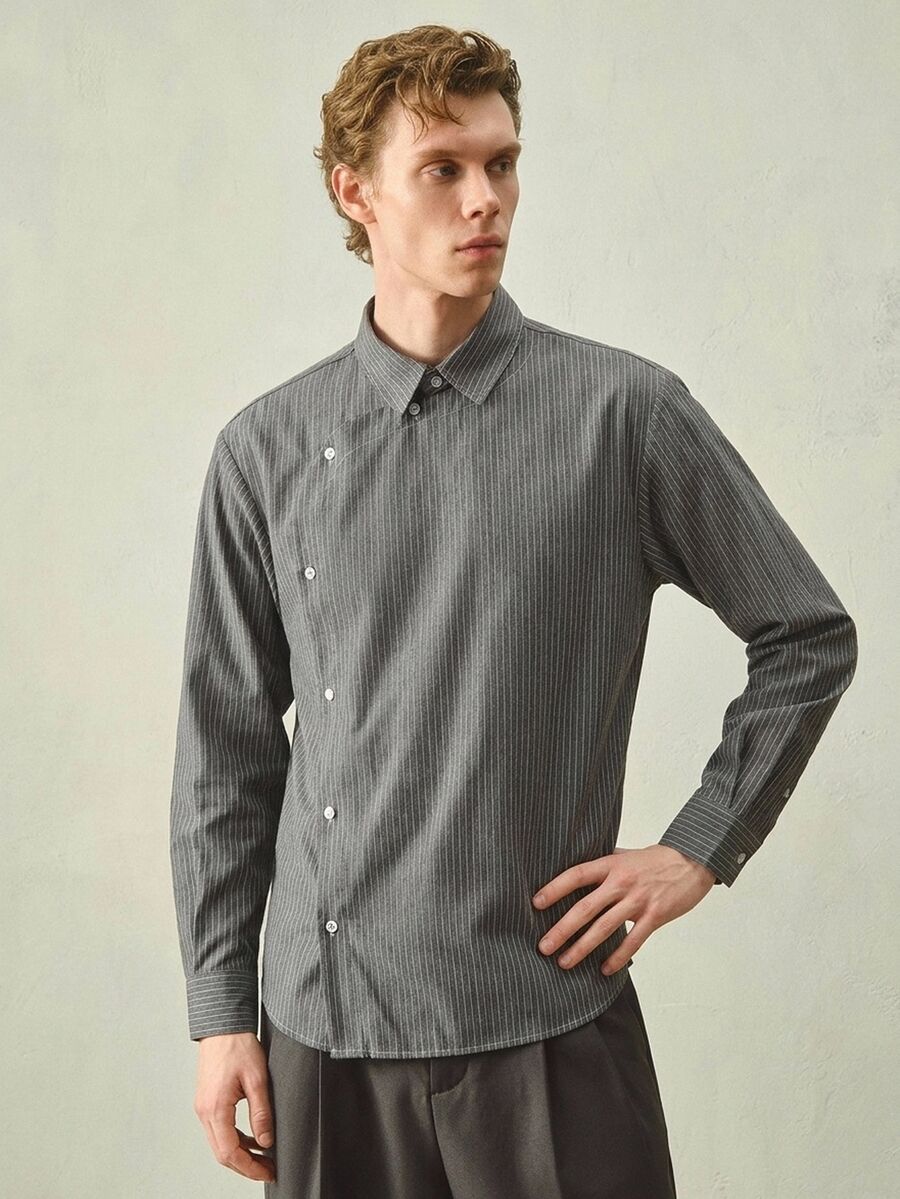 RONVEXI Old Money Men's Casual Commute Grey Long Sleeve Formal Structural Edition Shirt Office Work Summer - Black - View 1