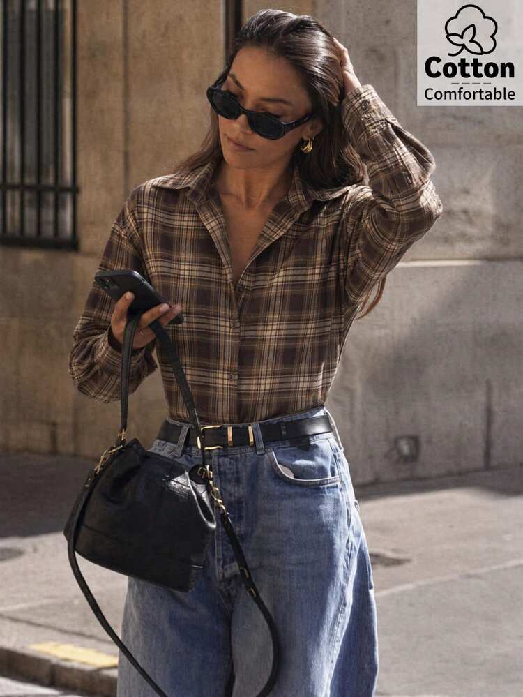 Firerie Women's Coffee Plaid Long Sleeve Shirt, Back Cinched Waist Shirt, Daily Commute Shirt, Vacation Shirt, Waist-Cinching Plaid Shirt, Spring Summer Autumn Winter Clothing Commute, Elegant, Vacation, Bohemian, Workwear - Multicolor - View 6