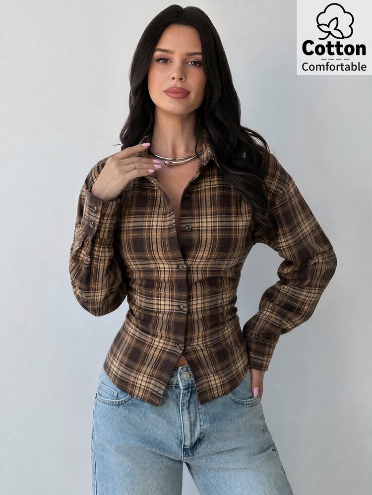 Firerie Women's Coffee Plaid Long Sleeve Shirt, Back Cinched Waist Shirt, Daily Commute Shirt, Vacation Shirt, Waist-Cinching Plaid Shirt, Spring Summer Autumn Winter Clothing Commute, Elegant, Vacation, Bohemian, Workwear - Multicolor - View 3