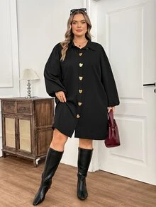 SHEIN CURVE+ Plus Size Casual Commute Minimalist Striped Metal Buckle Loose Short Women's Dress Fall - Black - View 3