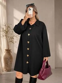SHEIN CURVE+ Plus Size Casual Commute Minimalist Striped Metal Buckle Loose Short Women's Dress Fall - Black - View 5