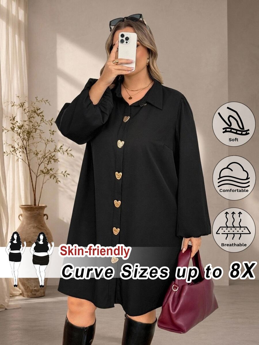 SHEIN CURVE+ Plus Size Casual Commute Minimalist Striped Metal Buckle Loose Short Women's Dress Fall - Black - View 1