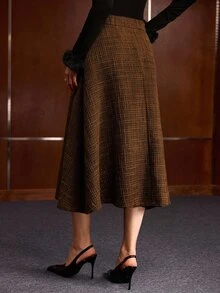 MOTF PREMIUM Falda línea A texturizada para cita y fiesta, marrón oscuro, vintage y elegante - Café integral - Ver 3